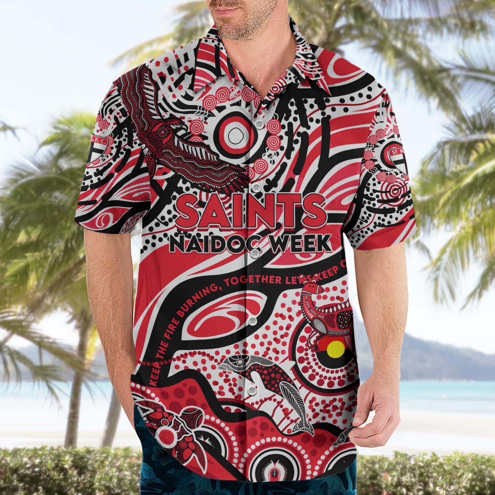 Custom NAIDOC Week 2024 Saints Hawaiian Shirt Aboriginal Animals Keep The Fire Burning