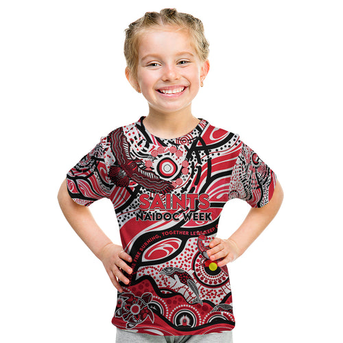 Custom NAIDOC Week 2024 Saints Kid T Shirt Aboriginal Animals Keep The Fire Burning