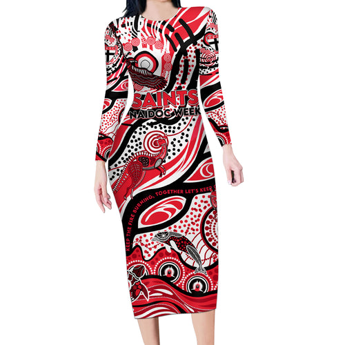 Custom NAIDOC Week 2024 Saints Long Sleeve Bodycon Dress Aboriginal Animals Keep The Fire Burning