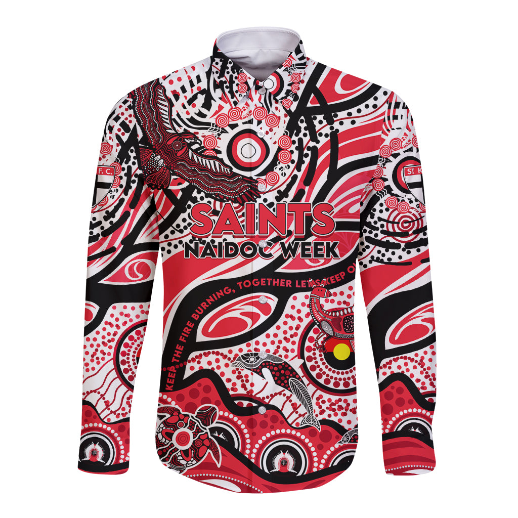 Custom NAIDOC Week 2024 Saints Long Sleeve Button Shirt Aboriginal Animals Keep The Fire Burning