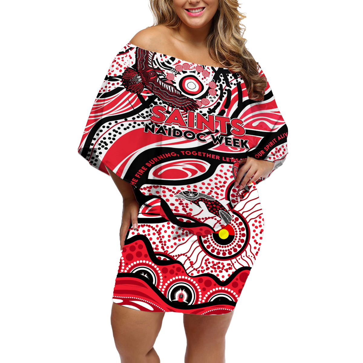 Custom NAIDOC Week 2024 Saints Off Shoulder Short Dress Aboriginal Animals Keep The Fire Burning