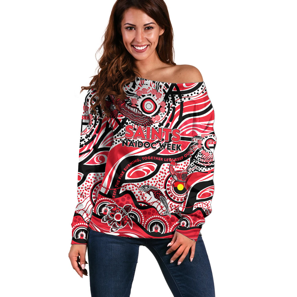 Custom NAIDOC Week 2024 Saints Off Shoulder Sweater Aboriginal Animals Keep The Fire Burning