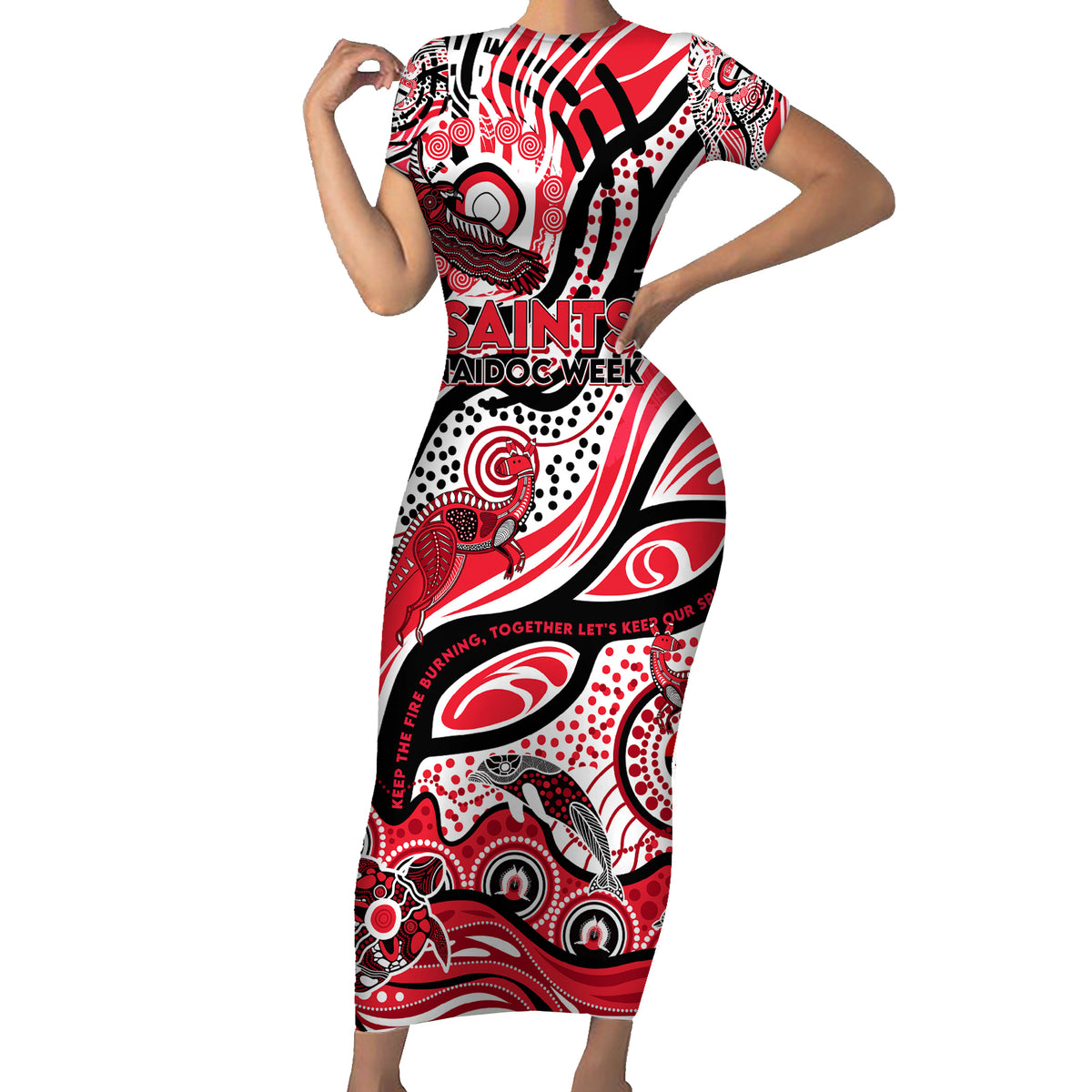 Custom NAIDOC Week 2024 Saints Short Sleeve Bodycon Dress Aboriginal Animals Keep The Fire Burning