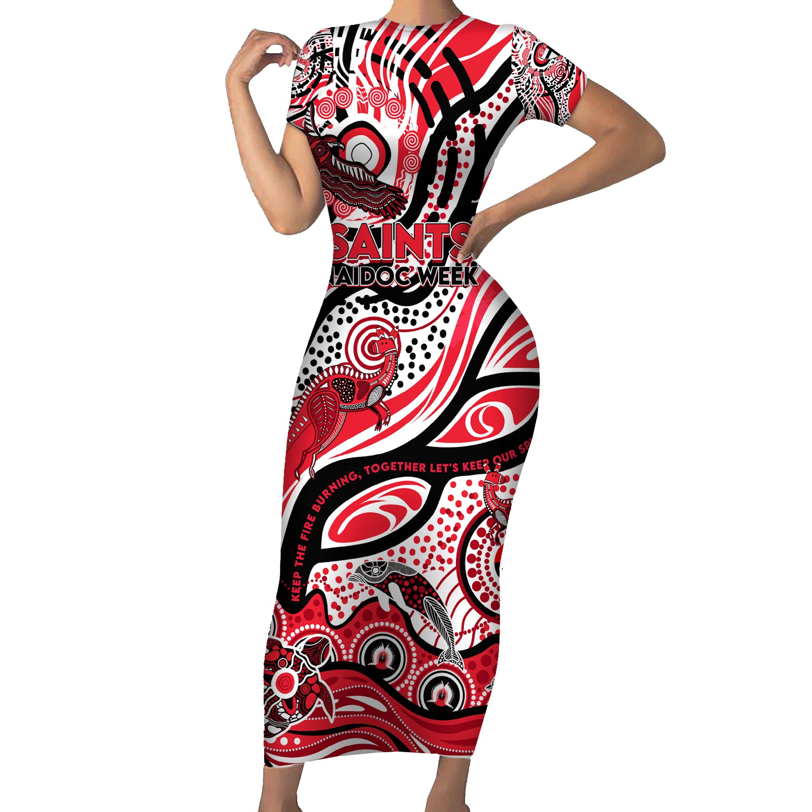 Custom NAIDOC Week 2024 Saints Short Sleeve Bodycon Dress Aboriginal Animals Keep The Fire Burning
