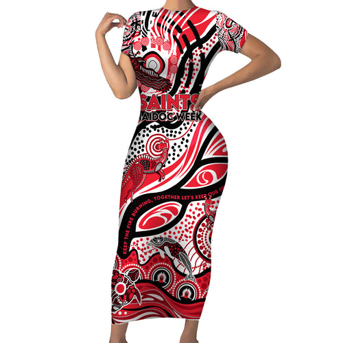 Custom NAIDOC Week 2024 Saints Short Sleeve Bodycon Dress Aboriginal Animals Keep The Fire Burning