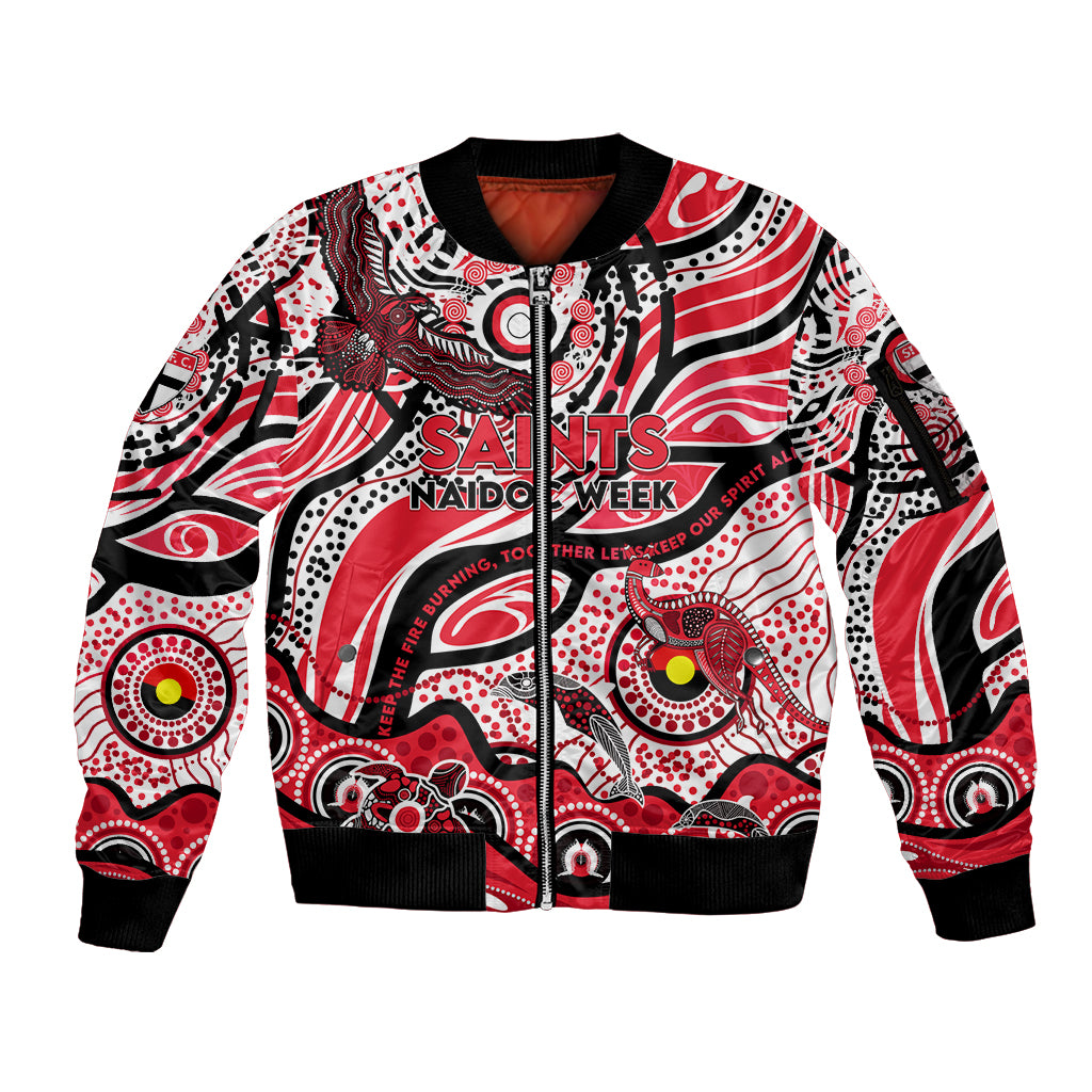 Custom NAIDOC Week 2024 Saints Sleeve Zip Bomber Jacket Aboriginal Animals Keep The Fire Burning