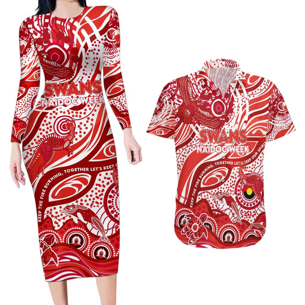 Custom NAIDOC Week 2024 Swans Couples Matching Long Sleeve Bodycon Dress and Hawaiian Shirt Aboriginal Animals Keep The Fire Burning