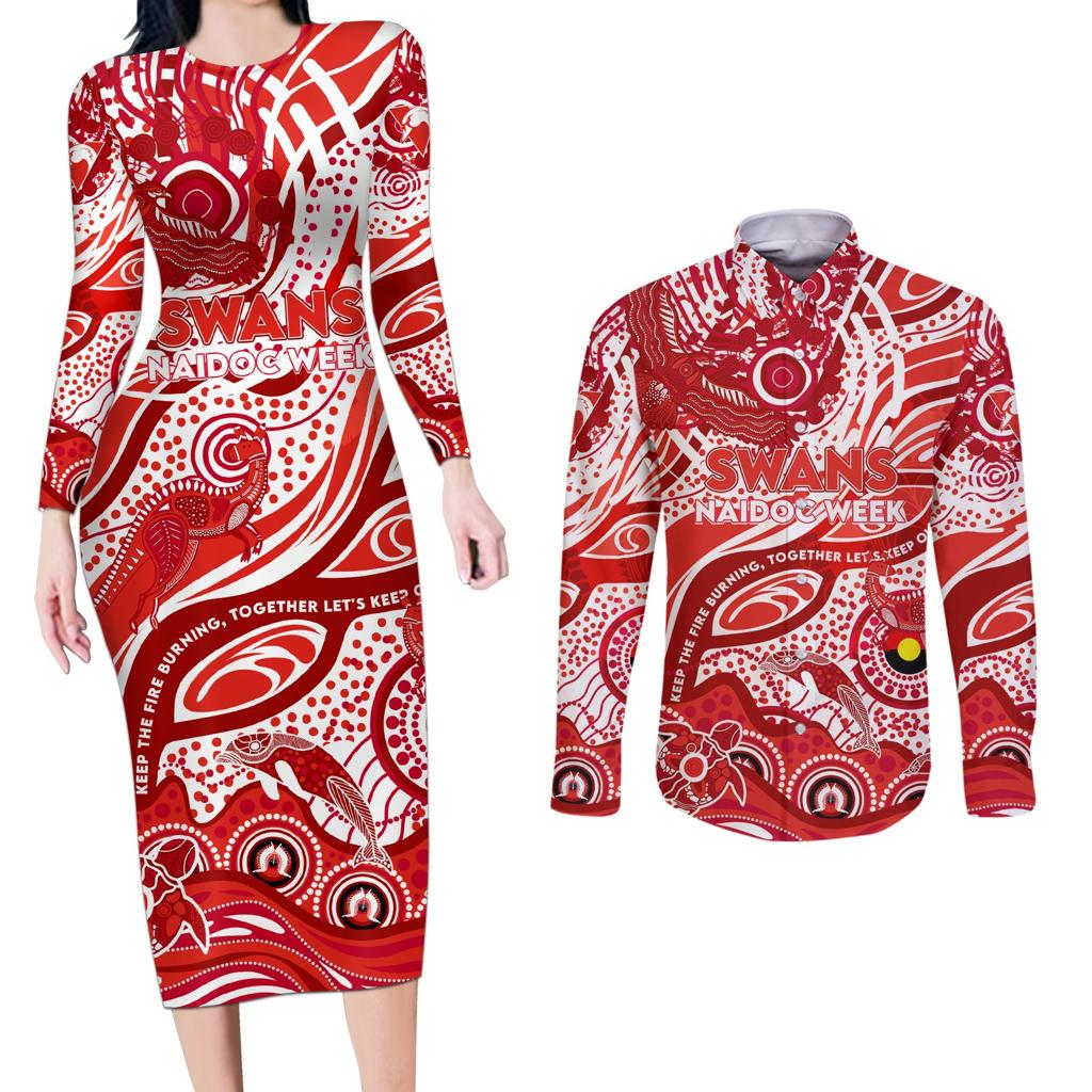 Custom NAIDOC Week 2024 Swans Couples Matching Long Sleeve Bodycon Dress and Long Sleeve Button Shirt Aboriginal Animals Keep The Fire Burning