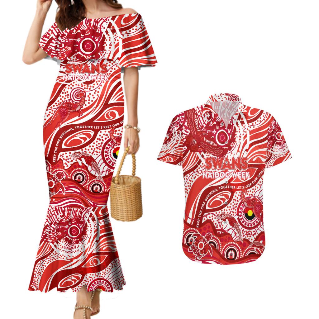 Custom NAIDOC Week 2024 Swans Couples Matching Mermaid Dress and Hawaiian Shirt Aboriginal Animals Keep The Fire Burning