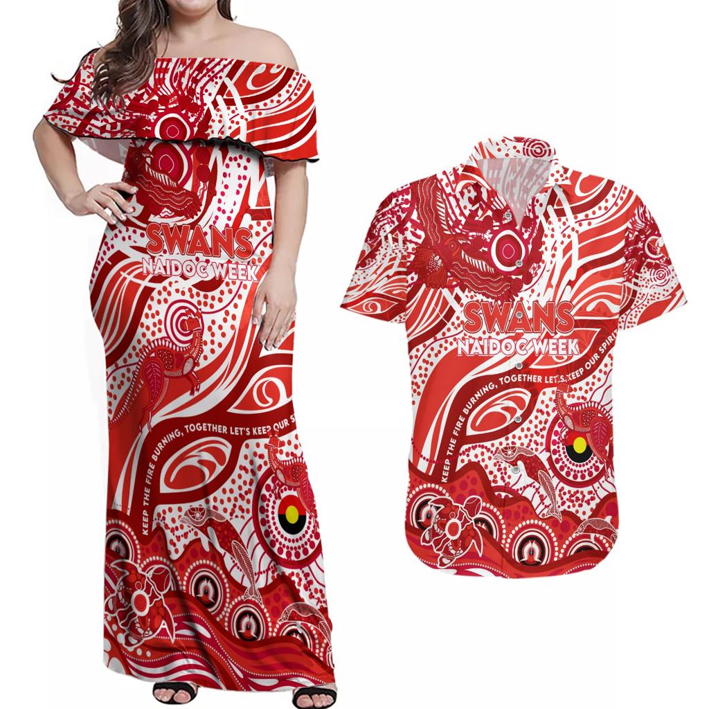 Custom NAIDOC Week 2024 Swans Couples Matching Off Shoulder Maxi Dress and Hawaiian Shirt Aboriginal Animals Keep The Fire Burning
