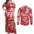 Custom NAIDOC Week 2024 Swans Couples Matching Off Shoulder Maxi Dress and Long Sleeve Button Shirt Aboriginal Animals Keep The Fire Burning