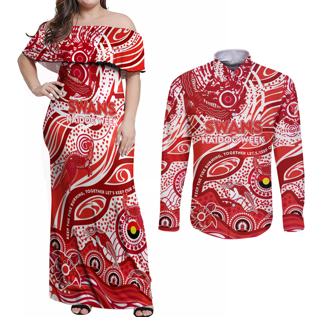 Custom NAIDOC Week 2024 Swans Couples Matching Off Shoulder Maxi Dress and Long Sleeve Button Shirt Aboriginal Animals Keep The Fire Burning