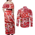 Custom NAIDOC Week 2024 Swans Couples Matching Off Shoulder Maxi Dress and Long Sleeve Button Shirt Aboriginal Animals Keep The Fire Burning