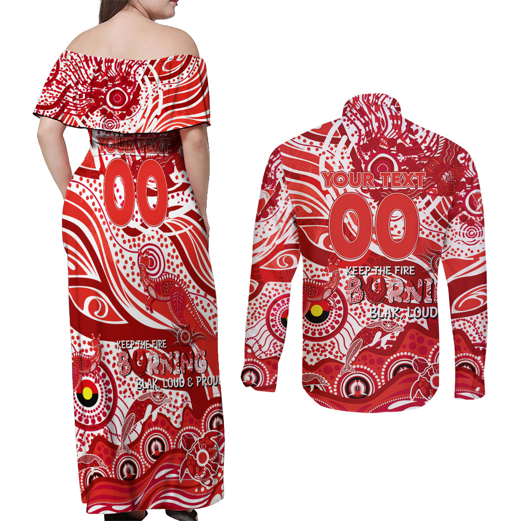 Custom NAIDOC Week 2024 Swans Couples Matching Off Shoulder Maxi Dress and Long Sleeve Button Shirt Aboriginal Animals Keep The Fire Burning
