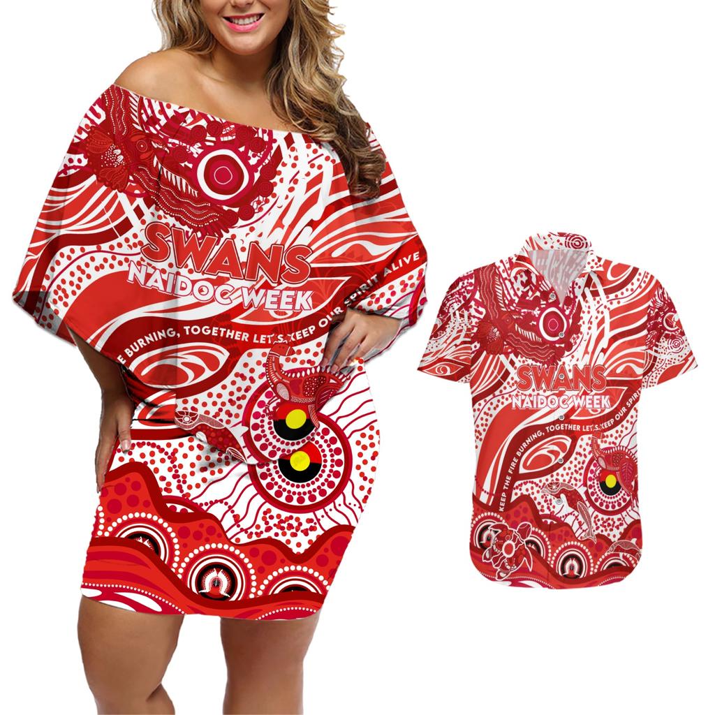 Custom NAIDOC Week 2024 Swans Couples Matching Off Shoulder Short Dress and Hawaiian Shirt Aboriginal Animals Keep The Fire Burning