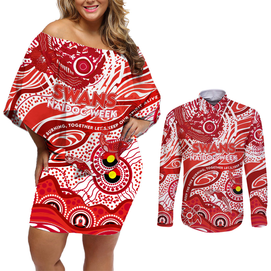 Custom NAIDOC Week 2024 Swans Couples Matching Off Shoulder Short Dress and Long Sleeve Button Shirt Aboriginal Animals Keep The Fire Burning