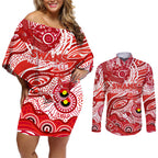 Custom NAIDOC Week 2024 Swans Couples Matching Off Shoulder Short Dress and Long Sleeve Button Shirt Aboriginal Animals Keep The Fire Burning