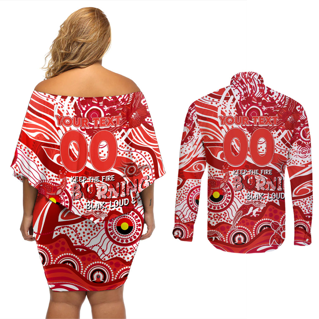 Custom NAIDOC Week 2024 Swans Couples Matching Off Shoulder Short Dress and Long Sleeve Button Shirt Aboriginal Animals Keep The Fire Burning