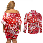 Custom NAIDOC Week 2024 Swans Couples Matching Off Shoulder Short Dress and Long Sleeve Button Shirt Aboriginal Animals Keep The Fire Burning
