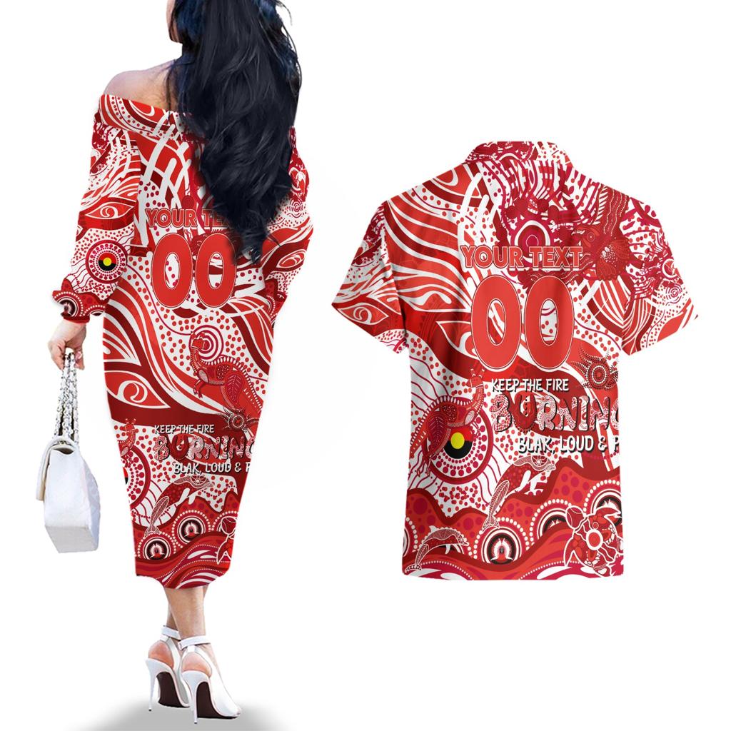 Custom NAIDOC Week 2024 Swans Couples Matching Off The Shoulder Long Sleeve Dress and Hawaiian Shirt Aboriginal Animals Keep The Fire Burning