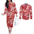 Custom NAIDOC Week 2024 Swans Couples Matching Off The Shoulder Long Sleeve Dress and Long Sleeve Button Shirt Aboriginal Animals Keep The Fire Burning