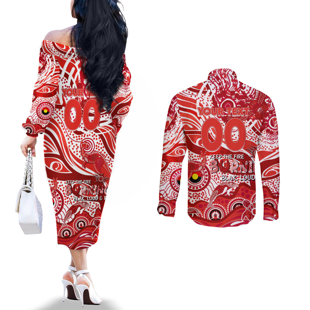 Custom NAIDOC Week 2024 Swans Couples Matching Off The Shoulder Long Sleeve Dress and Long Sleeve Button Shirt Aboriginal Animals Keep The Fire Burning