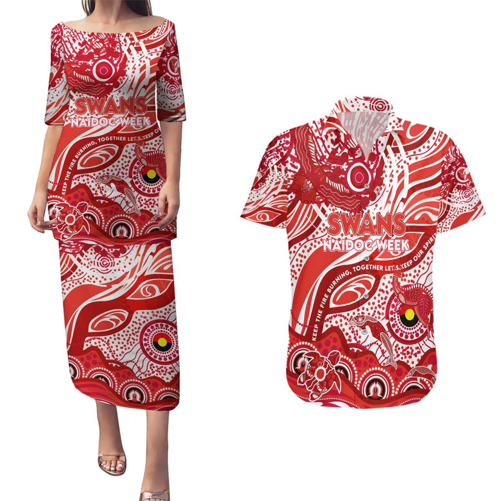 Custom NAIDOC Week 2024 Swans Couples Matching Puletasi and Hawaiian Shirt Aboriginal Animals Keep The Fire Burning