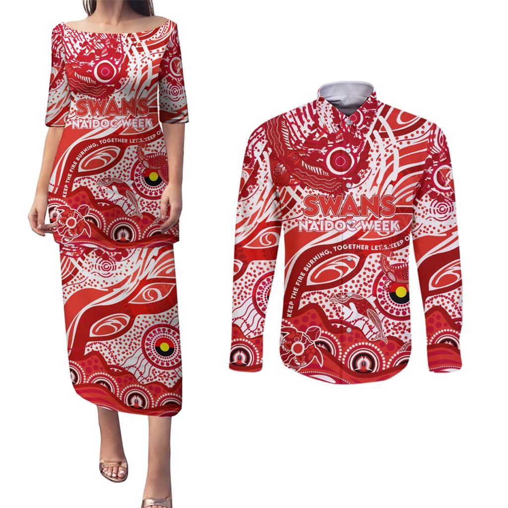Custom NAIDOC Week 2024 Swans Couples Matching Puletasi and Long Sleeve Button Shirt Aboriginal Animals Keep The Fire Burning
