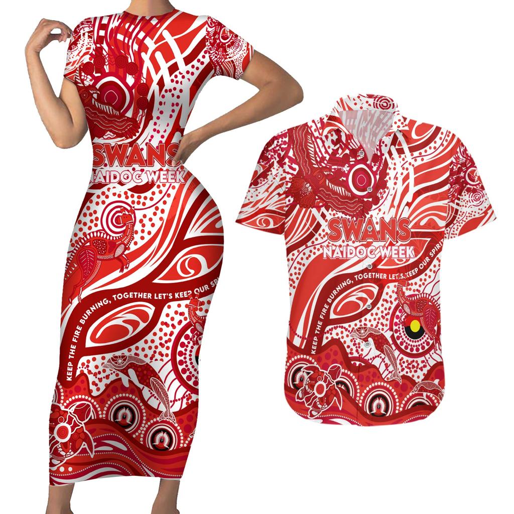 Custom NAIDOC Week 2024 Swans Couples Matching Short Sleeve Bodycon Dress and Hawaiian Shirt Aboriginal Animals Keep The Fire Burning