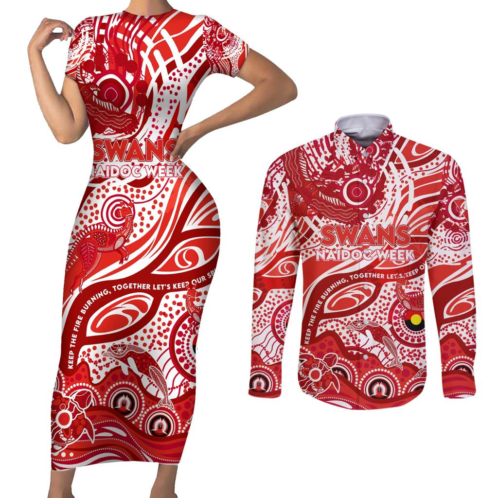 Custom NAIDOC Week 2024 Swans Couples Matching Short Sleeve Bodycon Dress and Long Sleeve Button Shirt Aboriginal Animals Keep The Fire Burning
