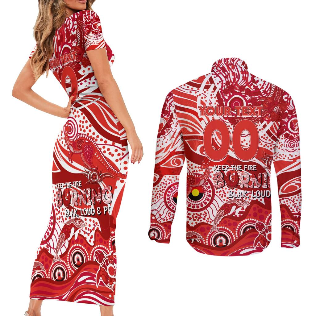 Custom NAIDOC Week 2024 Swans Couples Matching Short Sleeve Bodycon Dress and Long Sleeve Button Shirt Aboriginal Animals Keep The Fire Burning