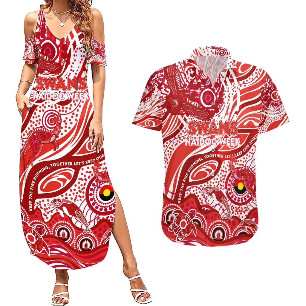Custom NAIDOC Week 2024 Swans Couples Matching Summer Maxi Dress and Hawaiian Shirt Aboriginal Animals Keep The Fire Burning