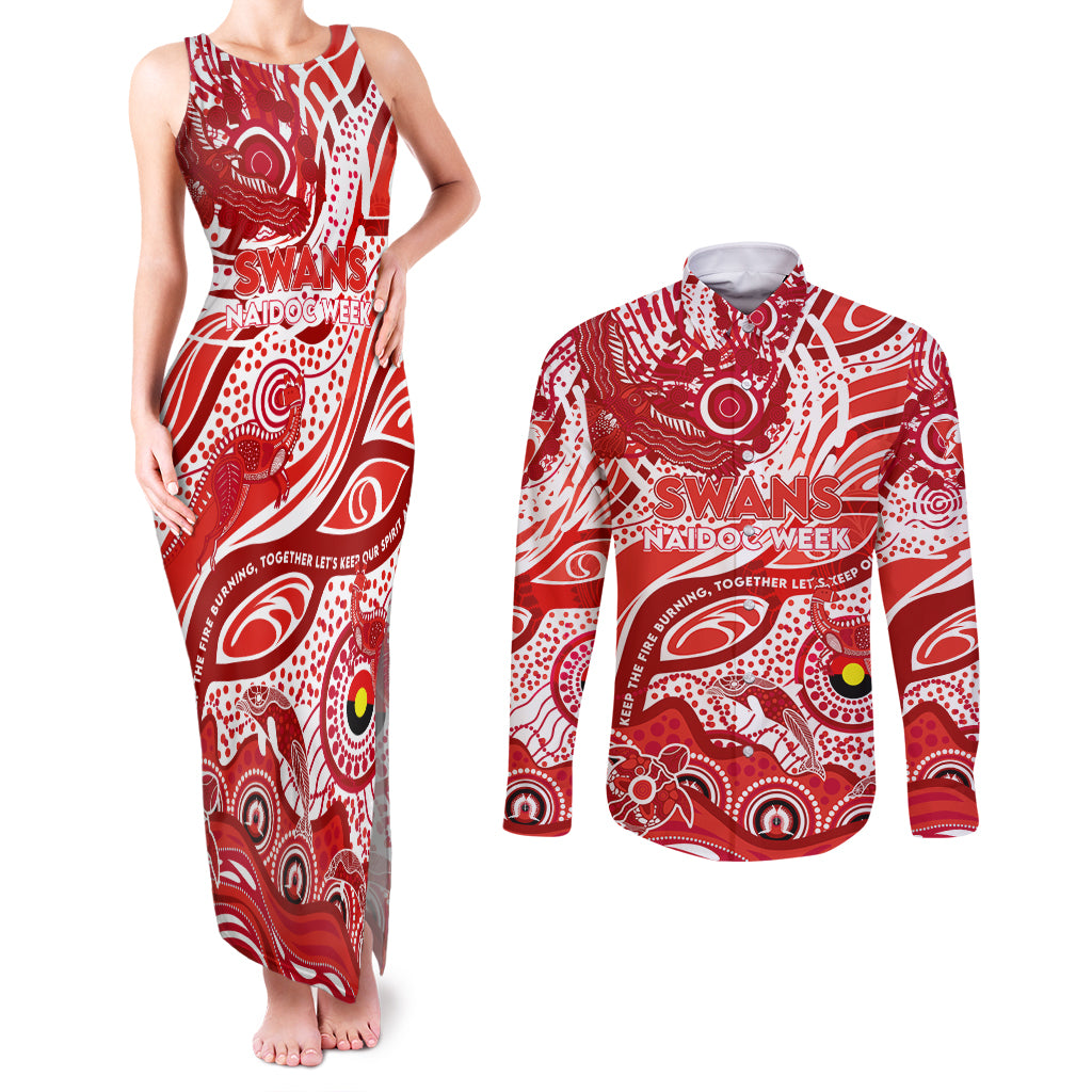 Custom NAIDOC Week 2024 Swans Couples Matching Tank Maxi Dress and Long Sleeve Button Shirt Aboriginal Animals Keep The Fire Burning