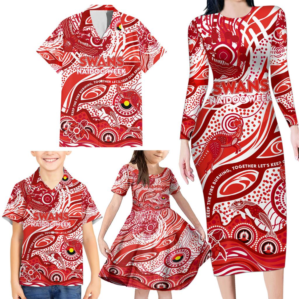 Custom NAIDOC Week 2024 Swans Family Matching Long Sleeve Bodycon Dress and Hawaiian Shirt Aboriginal Animals Keep The Fire Burning