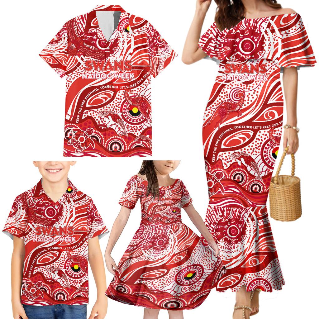 Custom NAIDOC Week 2024 Swans Family Matching Mermaid Dress and Hawaiian Shirt Aboriginal Animals Keep The Fire Burning