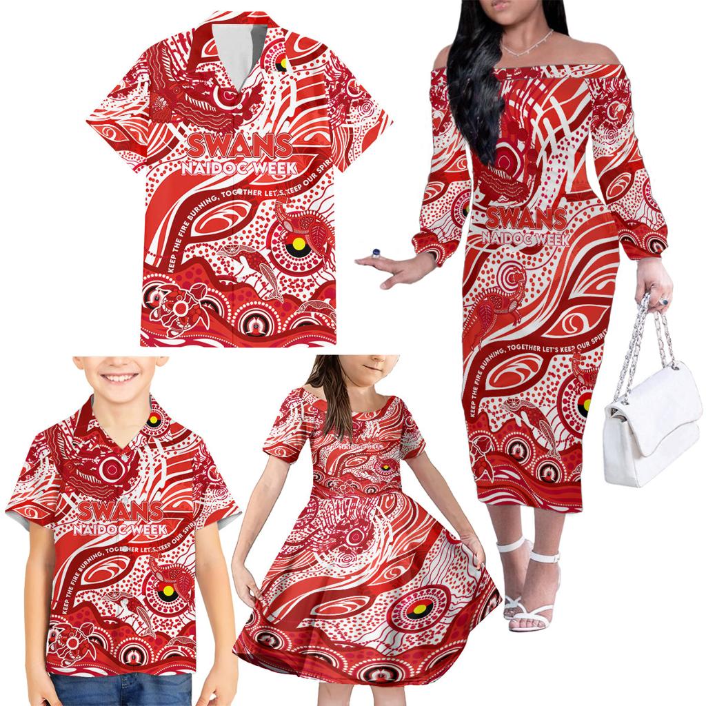 Custom NAIDOC Week 2024 Swans Family Matching Off The Shoulder Long Sleeve Dress and Hawaiian Shirt Aboriginal Animals Keep The Fire Burning