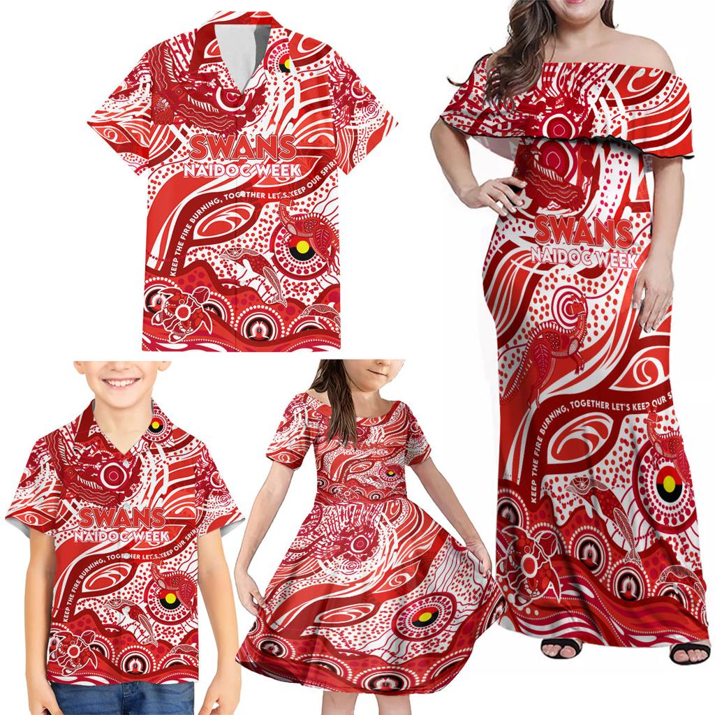 Custom NAIDOC Week 2024 Swans Family Matching Off Shoulder Maxi Dress and Hawaiian Shirt Aboriginal Animals Keep The Fire Burning