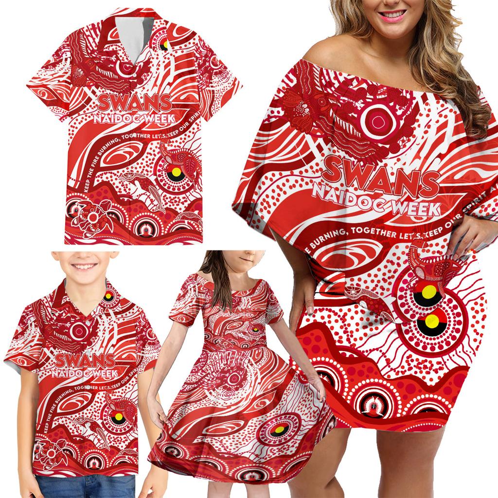 Custom NAIDOC Week 2024 Swans Family Matching Off Shoulder Short Dress and Hawaiian Shirt Aboriginal Animals Keep The Fire Burning