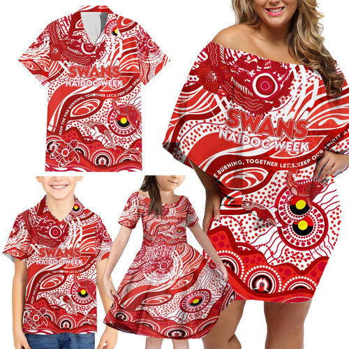 Custom NAIDOC Week 2024 Swans Family Matching Off Shoulder Short Dress and Hawaiian Shirt Aboriginal Animals Keep The Fire Burning