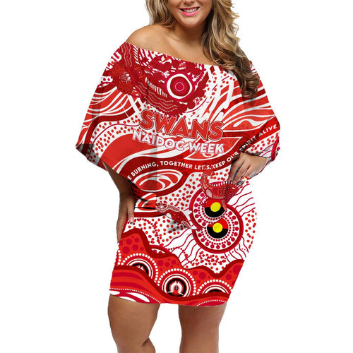 Custom NAIDOC Week 2024 Swans Family Matching Off Shoulder Short Dress and Hawaiian Shirt Aboriginal Animals Keep The Fire Burning