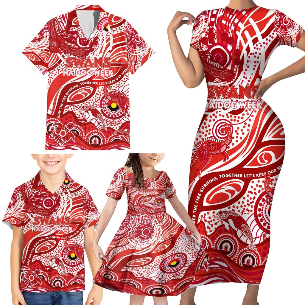 Custom NAIDOC Week 2024 Swans Family Matching Short Sleeve Bodycon Dress and Hawaiian Shirt Aboriginal Animals Keep The Fire Burning