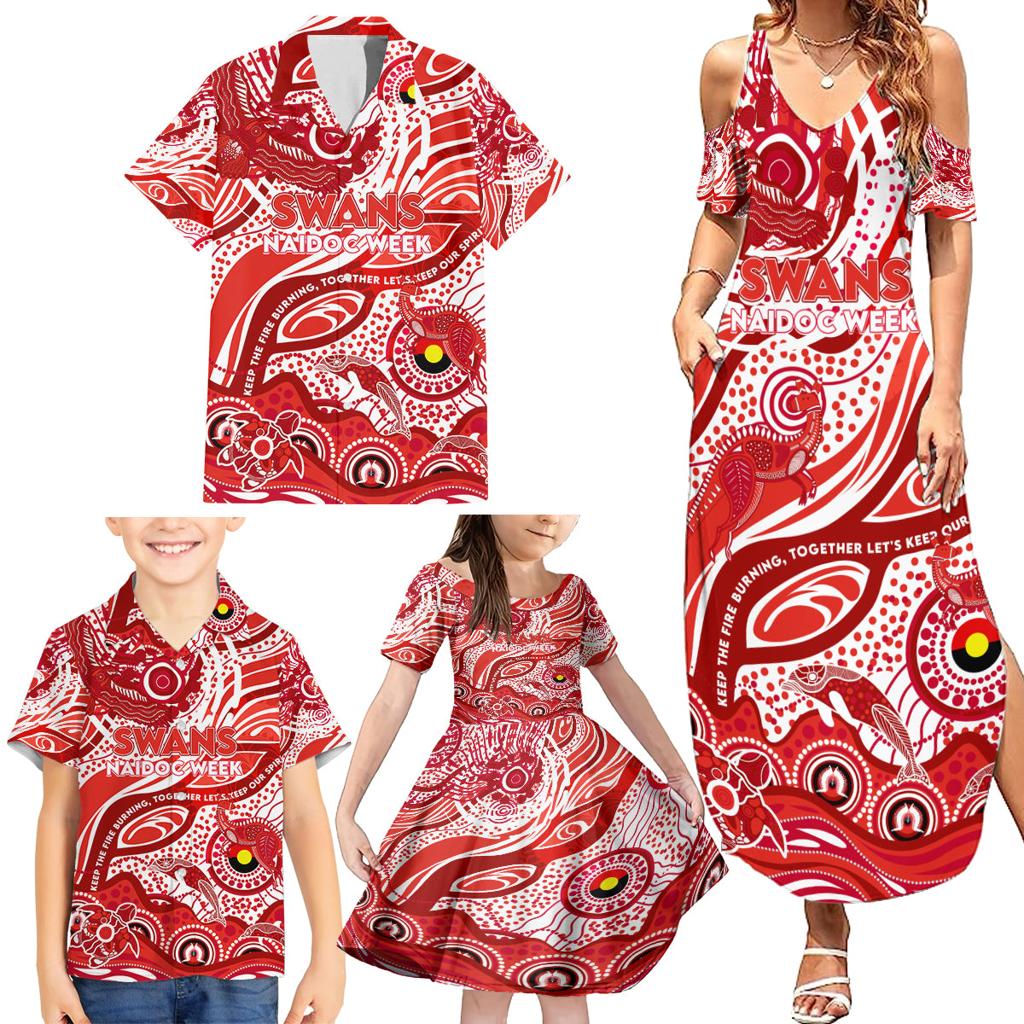 Custom NAIDOC Week 2024 Swans Family Matching Summer Maxi Dress and Hawaiian Shirt Aboriginal Animals Keep The Fire Burning