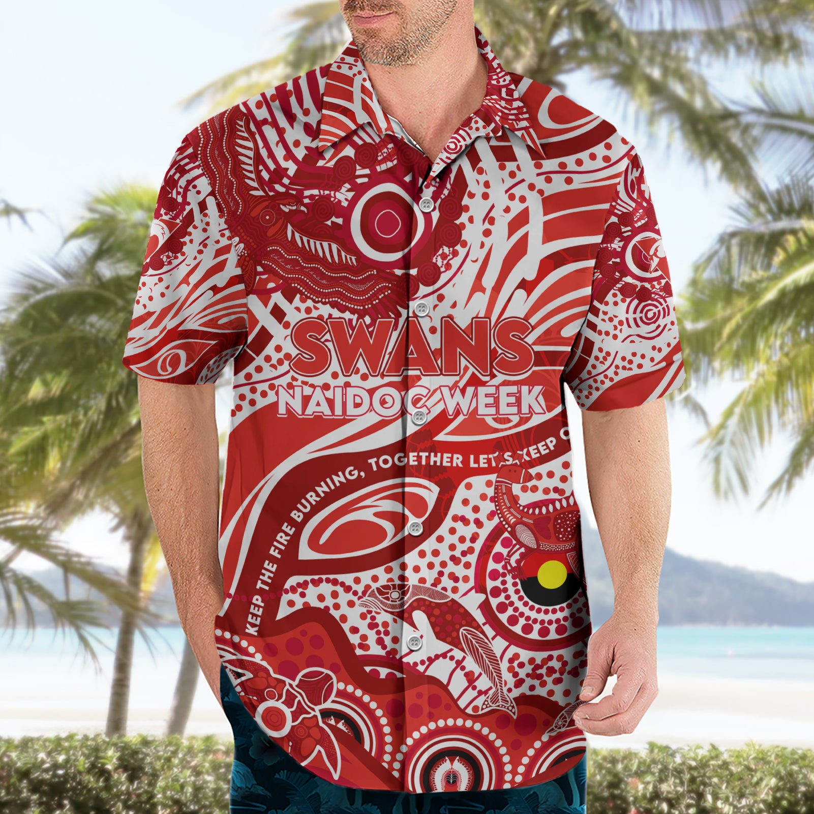 Custom NAIDOC Week 2024 Swans Hawaiian Shirt Aboriginal Animals Keep The Fire Burning