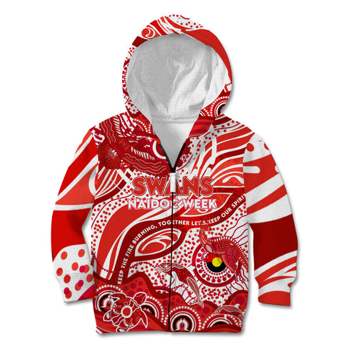 Custom NAIDOC Week 2024 Swans Kid Hoodie Aboriginal Animals Keep The Fire Burning