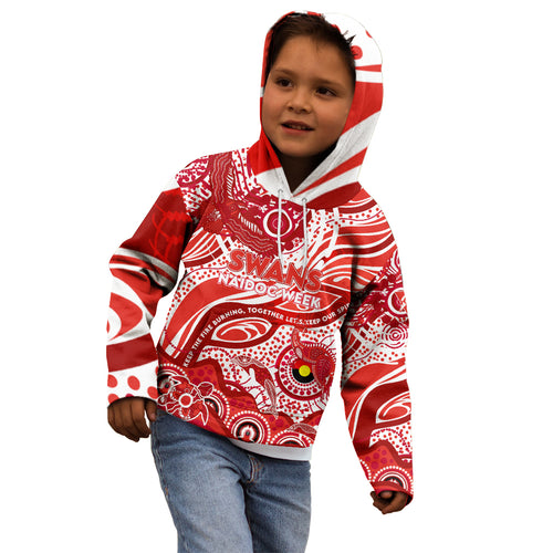Custom NAIDOC Week 2024 Swans Kid Hoodie Aboriginal Animals Keep The Fire Burning