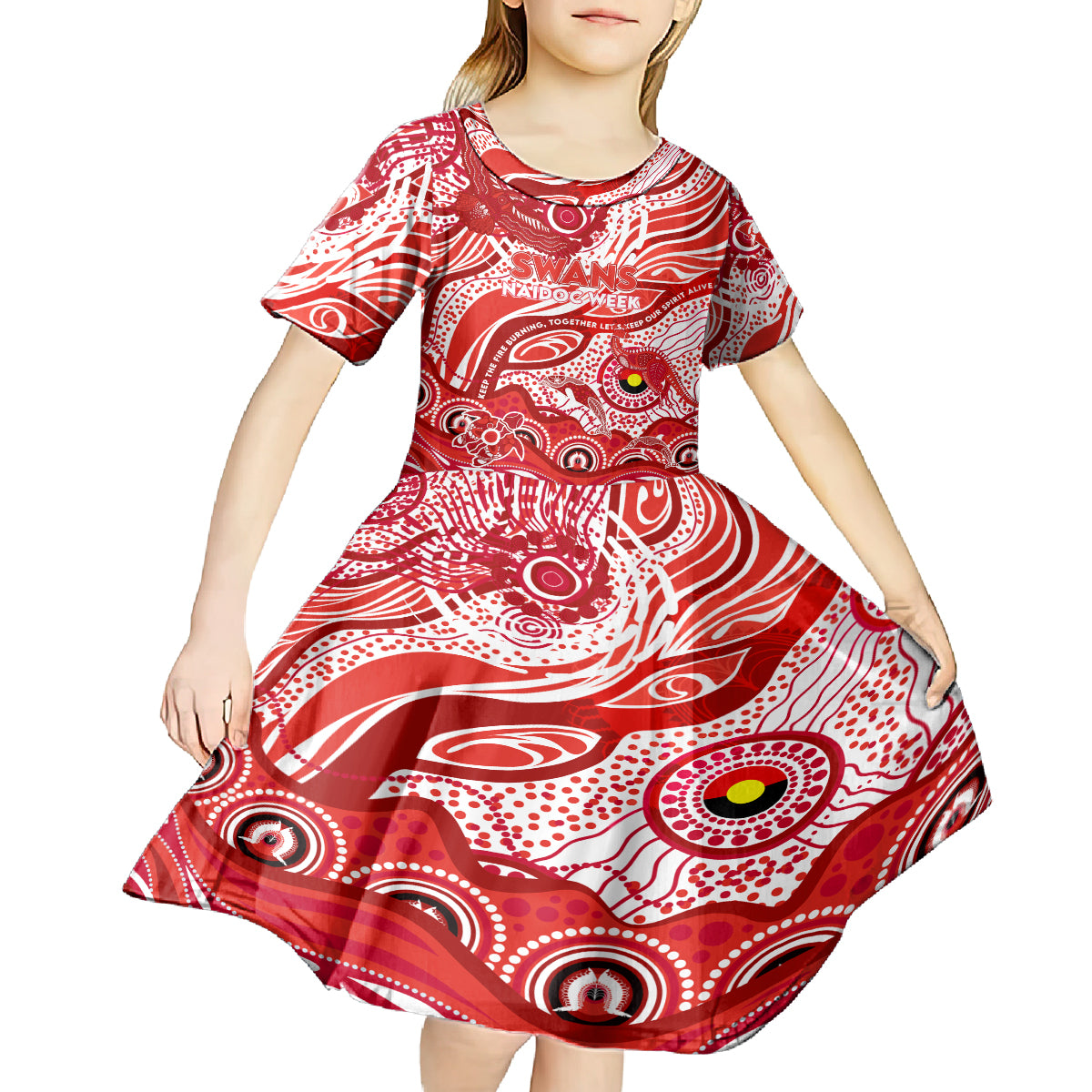 Custom NAIDOC Week 2024 Swans Kid Short Sleeve Dress Aboriginal Animals Keep The Fire Burning