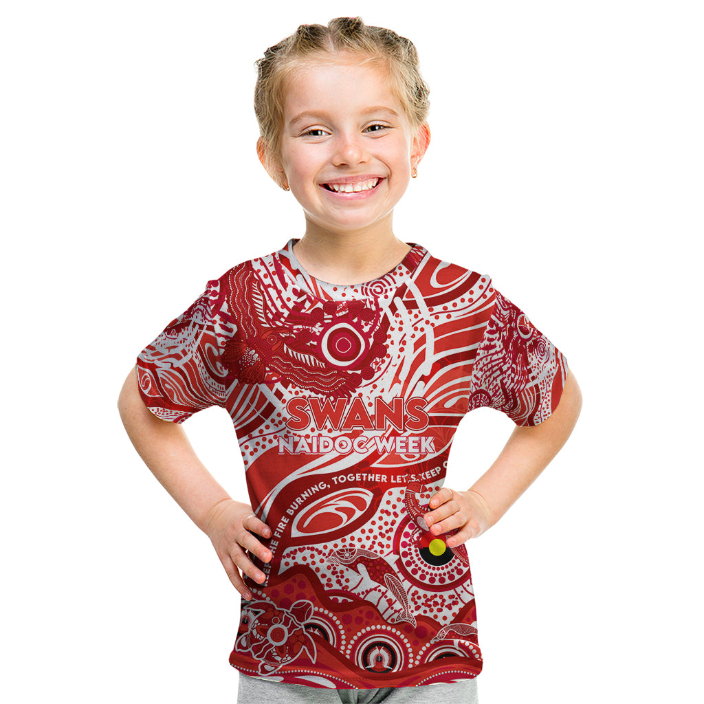 Custom NAIDOC Week 2024 Swans Kid T Shirt Aboriginal Animals Keep The Fire Burning