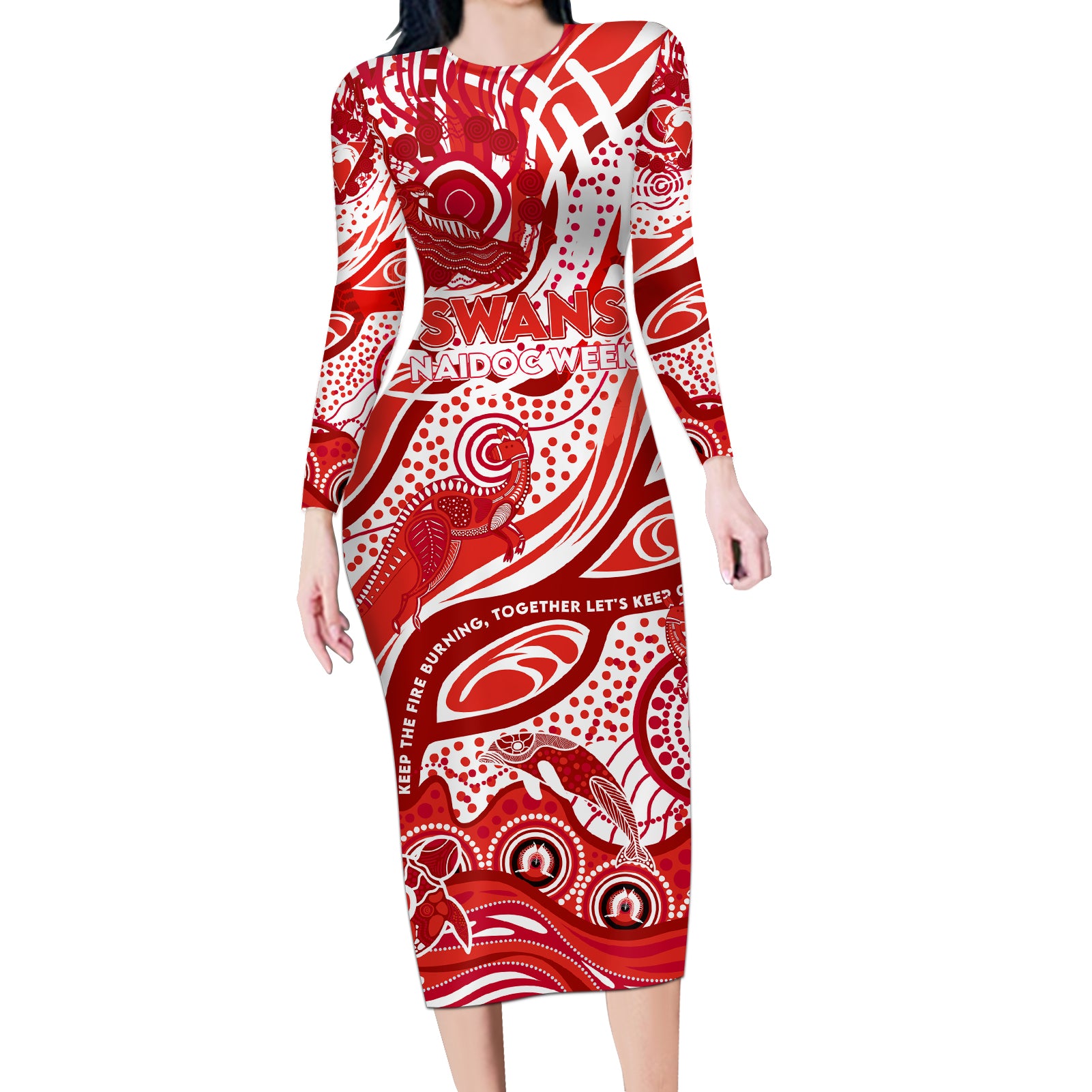 Custom NAIDOC Week 2024 Swans Long Sleeve Bodycon Dress Aboriginal Animals Keep The Fire Burning