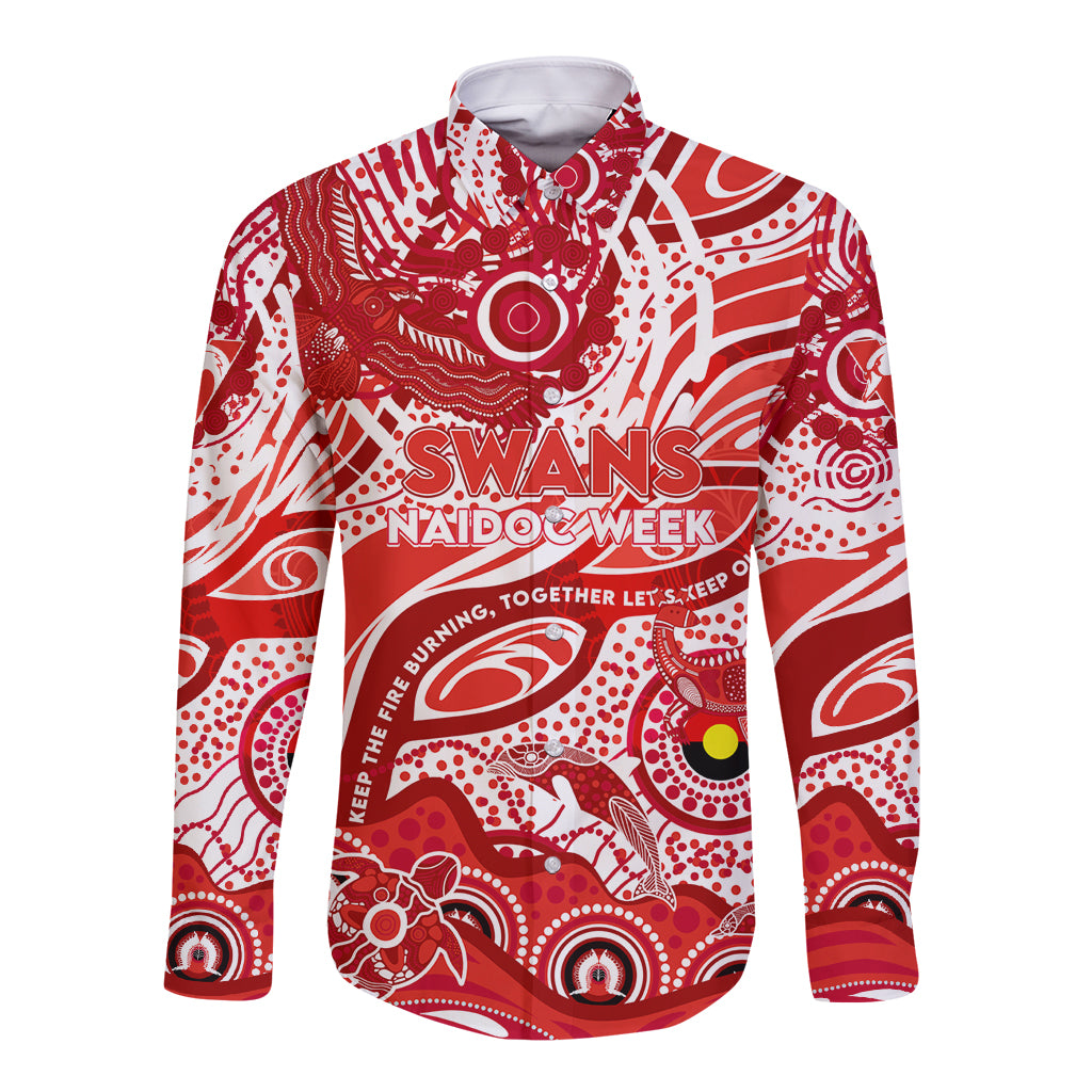 Custom NAIDOC Week 2024 Swans Long Sleeve Button Shirt Aboriginal Animals Keep The Fire Burning