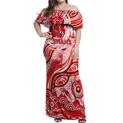 Custom NAIDOC Week 2024 Swans Off Shoulder Maxi Dress Aboriginal Animals Keep The Fire Burning